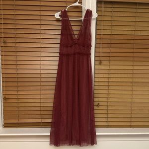 Women's Zara Swiss Dot Maxi Dress Plunge V Neck Sleeveless Burgundy Red Large